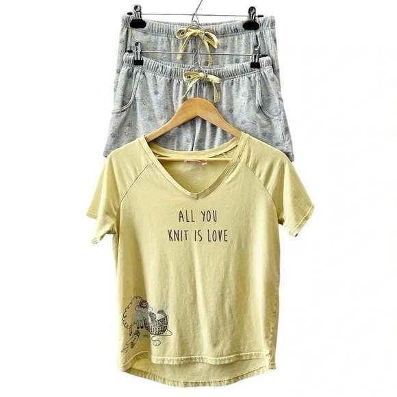 La Vie en Rose Pajama Set 3PC Sleepwear Top Shorts Capris Grey Yellow Small - Picture 1 of 16